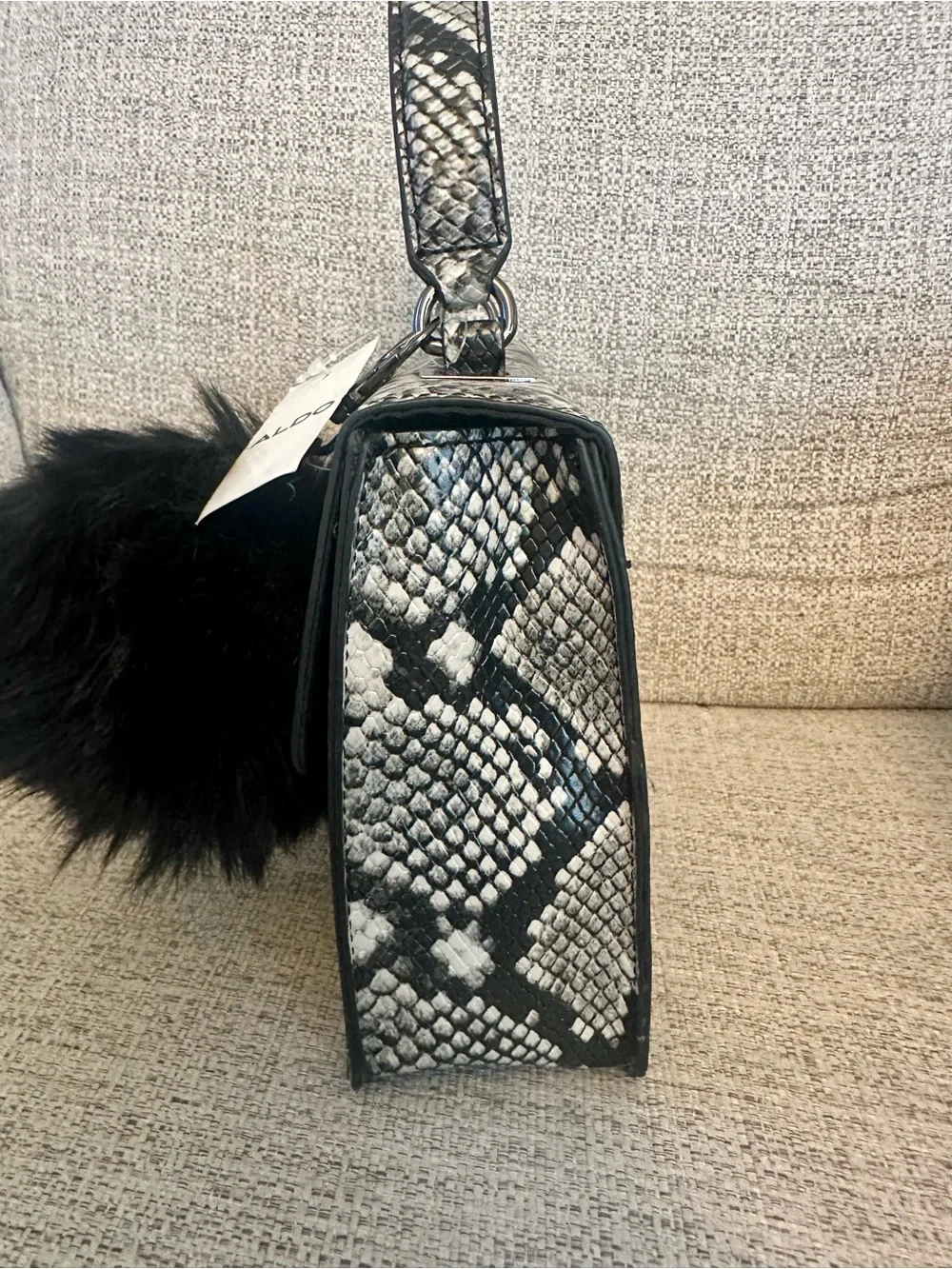 ALDO Black and White Snake-Print Crossbody Bag Top Handle Satchel with Black Pom